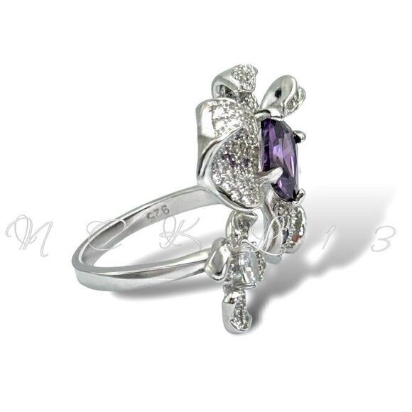 NWT Statement Ring Orchid Flower S925 Sterling Silver CZ Open Adjustable - Picture 3 of 13